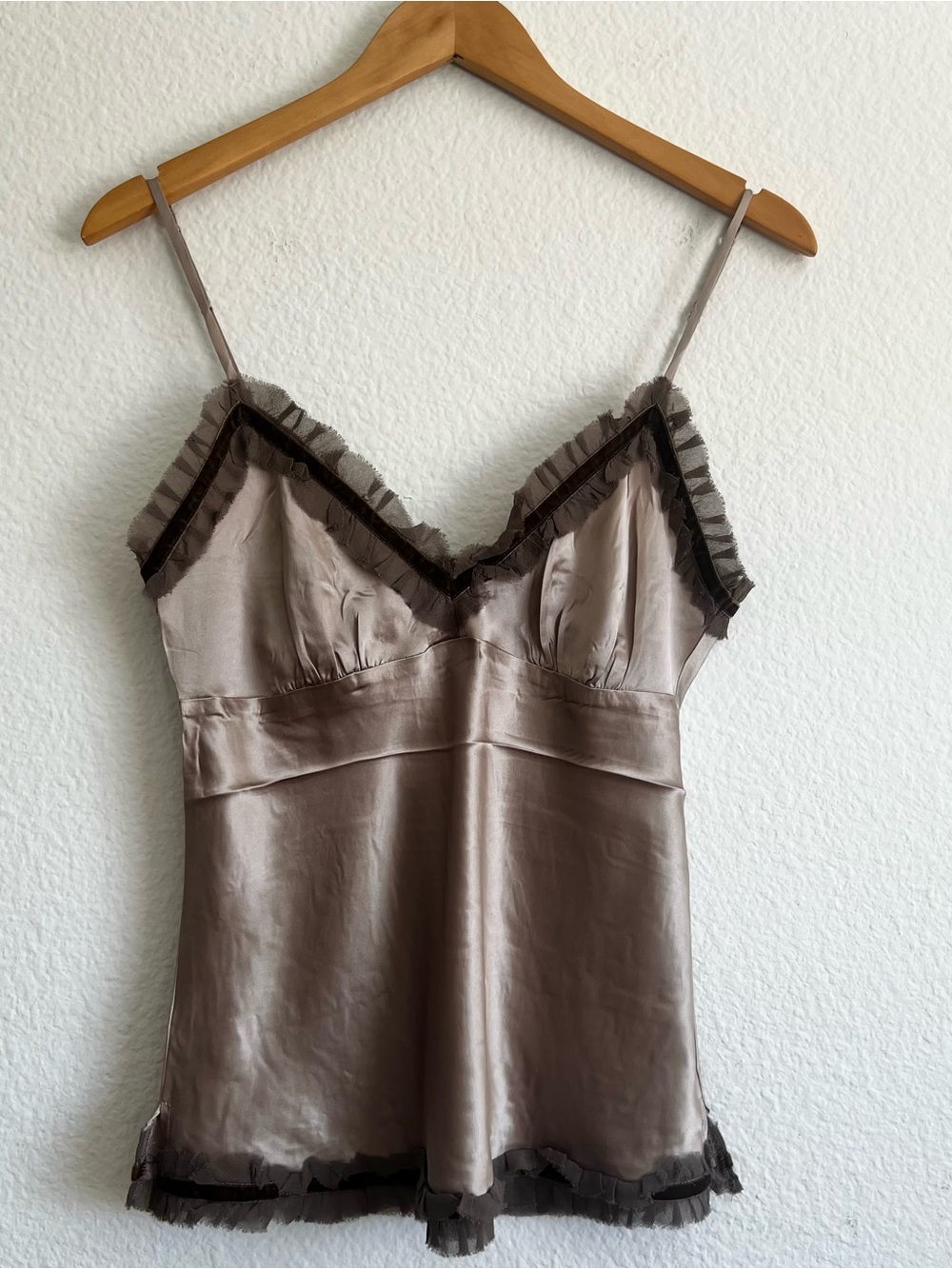 Gold Hawk 💯 Silk Light Taupe Camisole w/ Chiffon & Velvet Trim